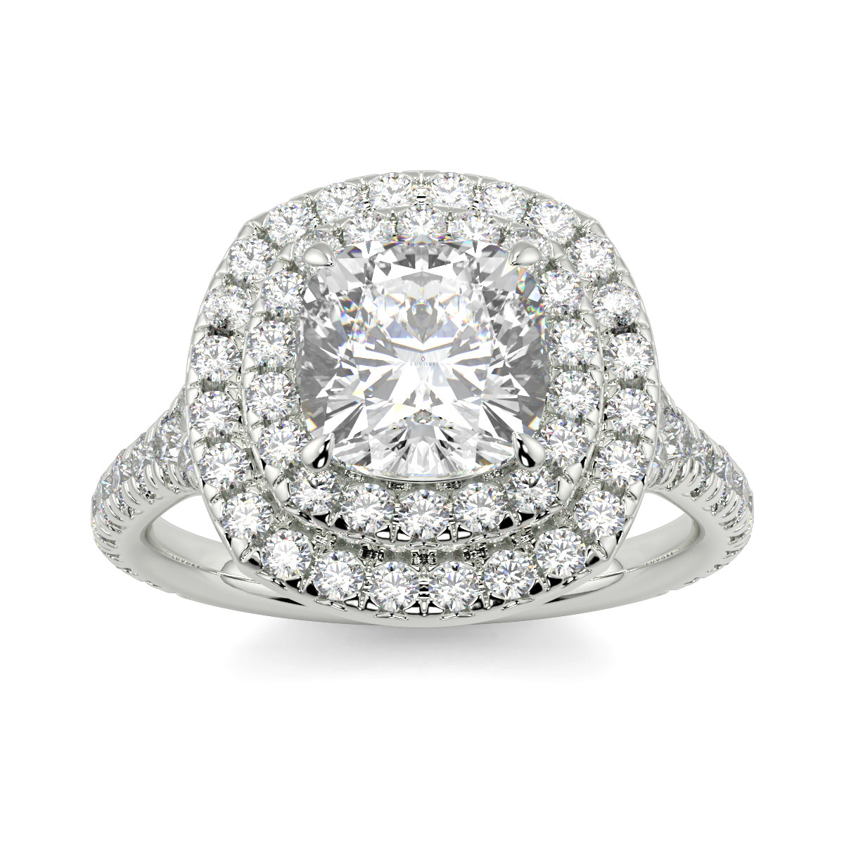 Diamond ring with a halo on a white background Yb jewellers trending design double halo ring