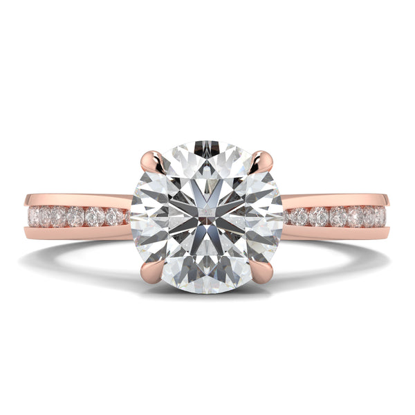 Rose gold ring with a large diamond and smaller diamonds on the band against a white background Yb jewellers engagement ring straight band 