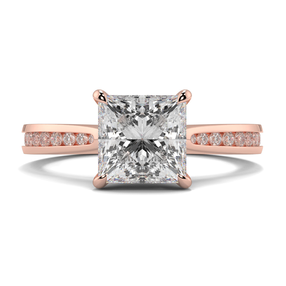 Rose gold ring with a large diamond and smaller diamonds on the band against a white background Yb jewellers engagement ring straight band
