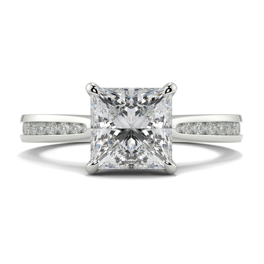 Diamond ring with a square-cut center stone on a white background Yb jewellers engagement ring straight band