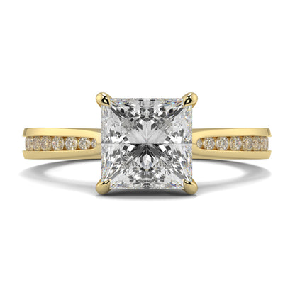Gold ring with a large diamond and smaller diamonds on the band against a white background Yb jewellers engagement ring straight band