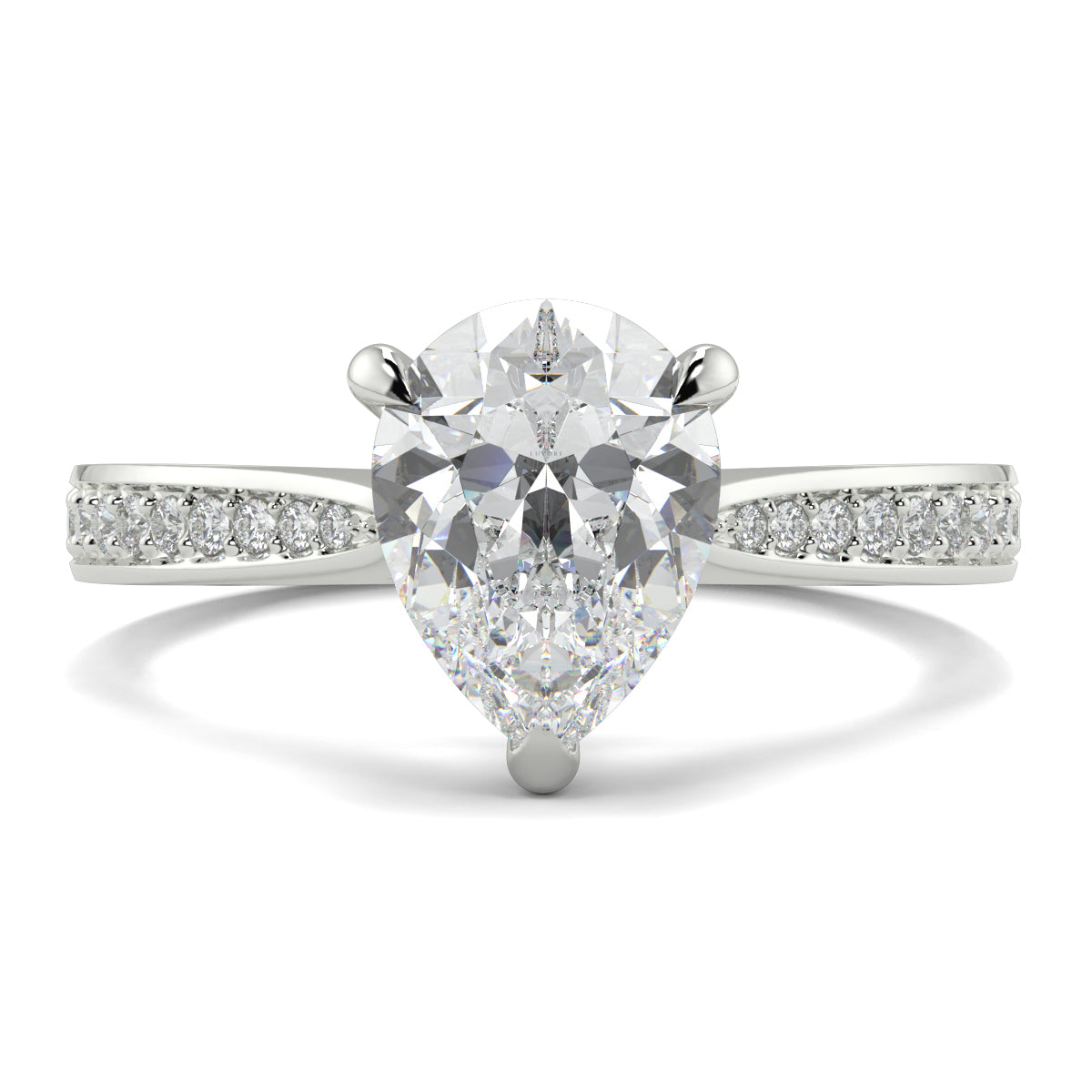Diamond ring with pear-shaped center stone on a white background Yb jewellers engagement ring straight band