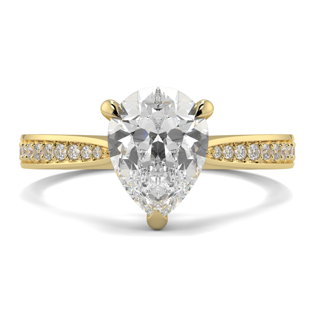 Gold ring with a pear-shaped diamond and smaller diamonds on the band against a white background Yb jewellers engagement ring straight band