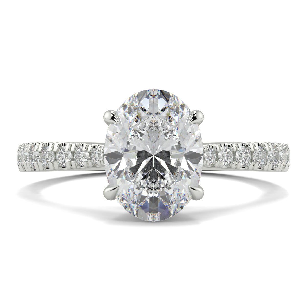 Diamond ring with a large central gemstone and smaller stones on the band against a white background Yb jewellers engagement ring straight band