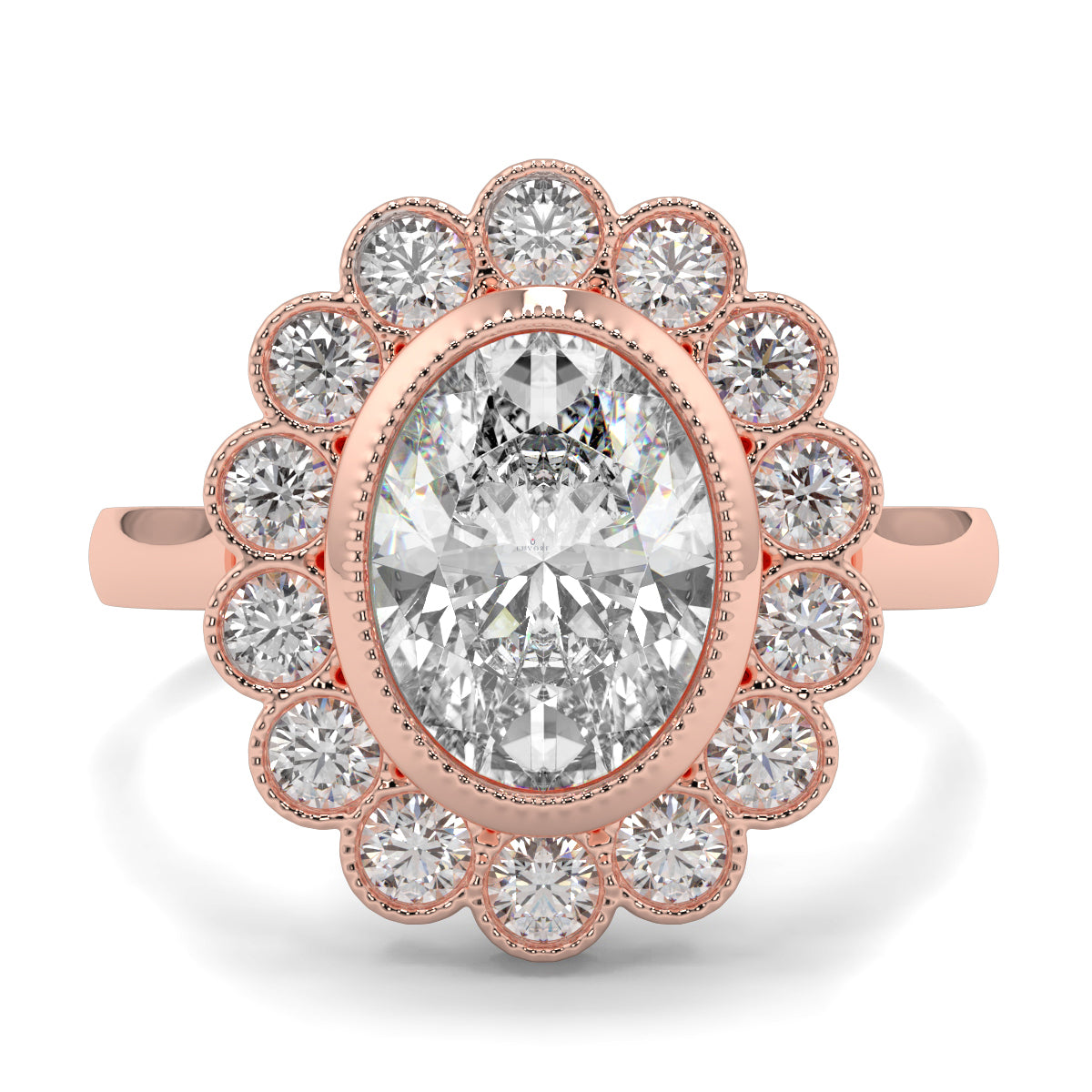 Rose gold ring with a large central diamond and smaller diamonds around on a white background yb jewellers cluster halo ring engagement ring grain set halo oval shape plain band
