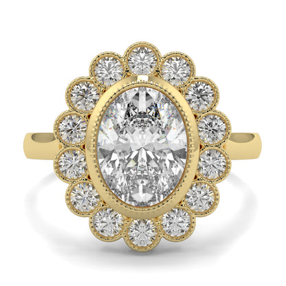 Gold ring with a large central diamond and smaller diamonds around on a white background yb jewellers cluster halo ring engagement ring grain set halo oval shape plain band