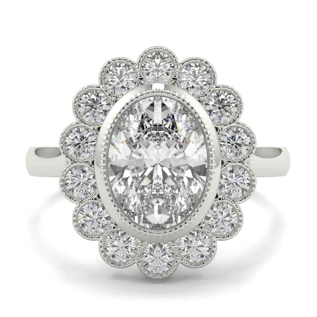 Diamond ring with a floral halo on a white background yb jewellers cluster halo ring engagement ring grain set halo oval shape plain band