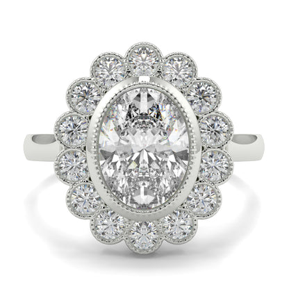 Diamond ring with a floral halo on a white background yb jewellers cluster halo ring engagement ring grain set halo oval shape plain band