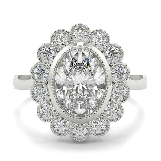 Diamond ring with a floral halo on a white background yb jewellers cluster halo ring engagement ring grain set halo oval shape plain band