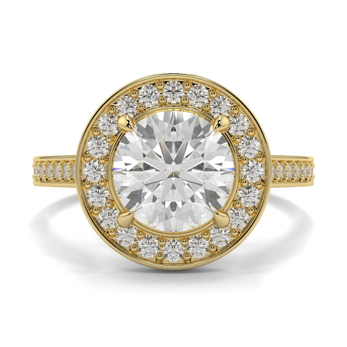 Gold ring with a large central diamond and smaller diamonds around on a white background engagement ring Yb jewellers trending design