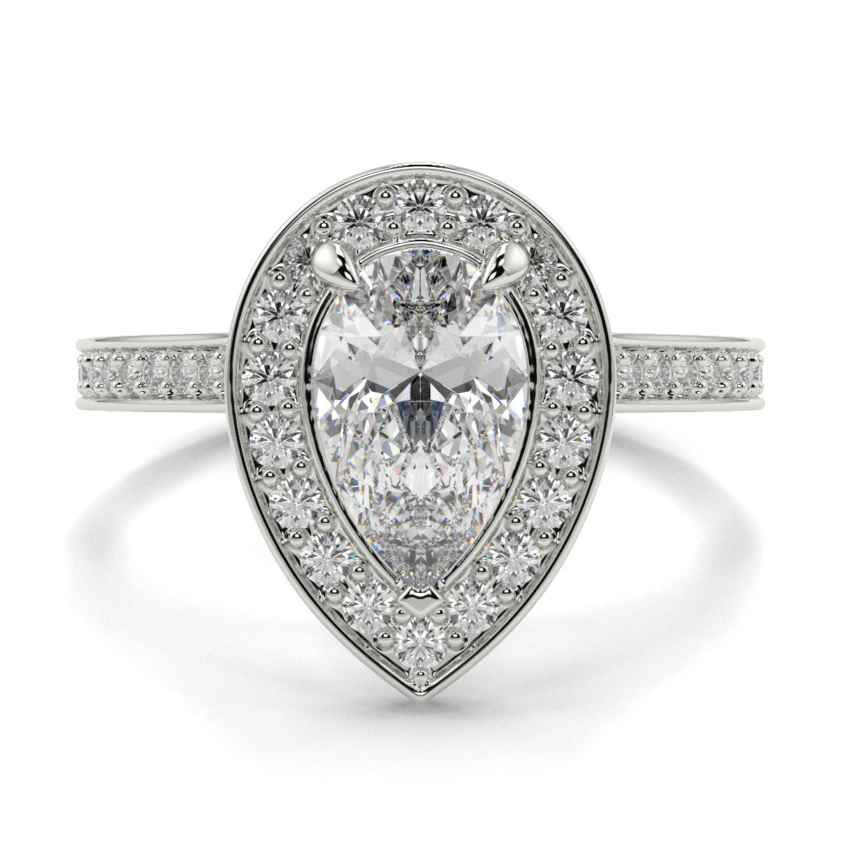 Diamond ring with pear-shaped center stone and halo on a white background Pear shaped diamond engagement ring Yb jewellers trending ring designs