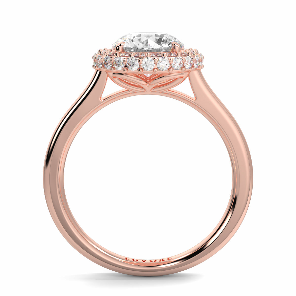 Rose gold ring with a diamond on a white background yb jewellers round diamond halo ring with plain shoulders trending bestseller design