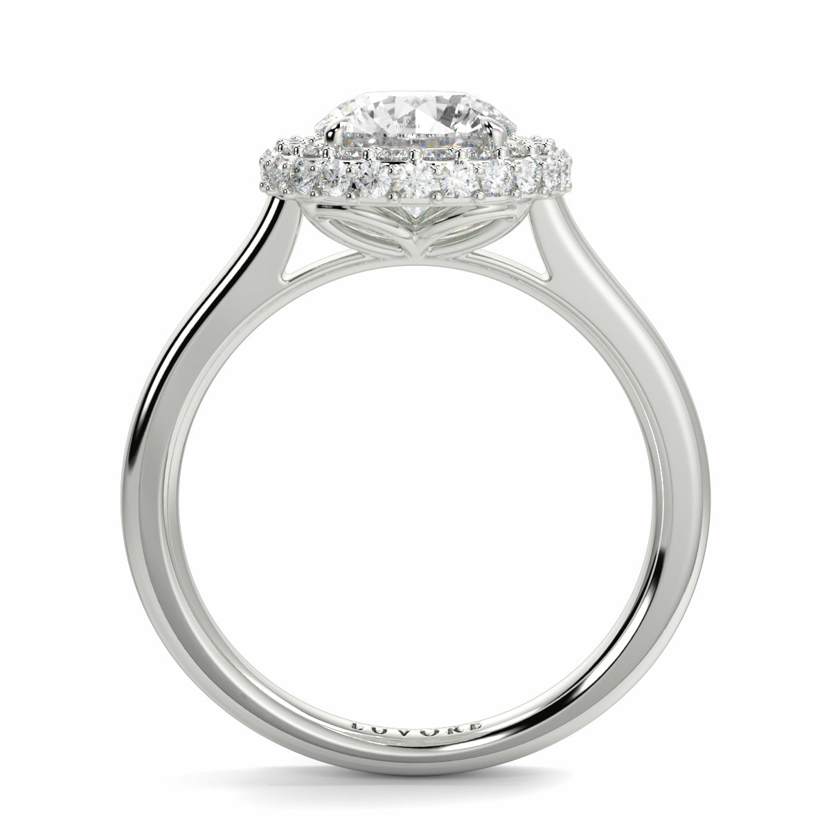 Diamond ring with a halo setting on a white background yb jewellers round diamond halo ring with plain shoulders trending bestseller design 