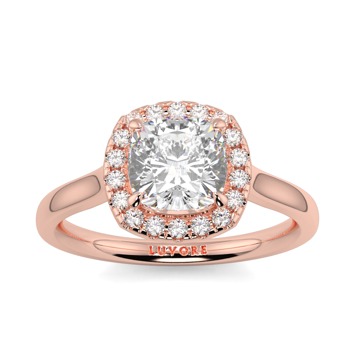 Rose gold ring with a large diamond and smaller diamonds around on a white background single halo with plain shoulder diamond engagement ring yb jewellers best seller trending ring 