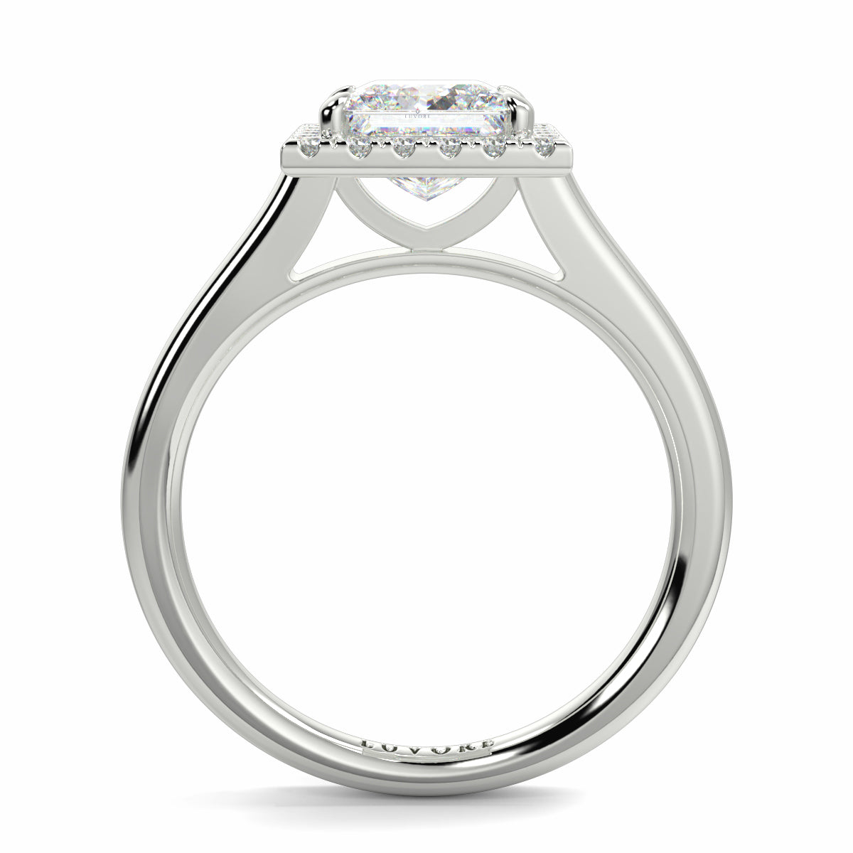 Silver ring with a diamond on a white background Yb jewellers princess cut diamond halo plain shoulders 