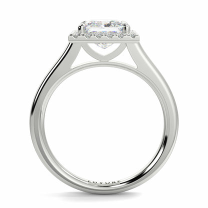 Silver ring with a diamond on a white background Yb jewellers princess cut diamond halo plain shoulders 
