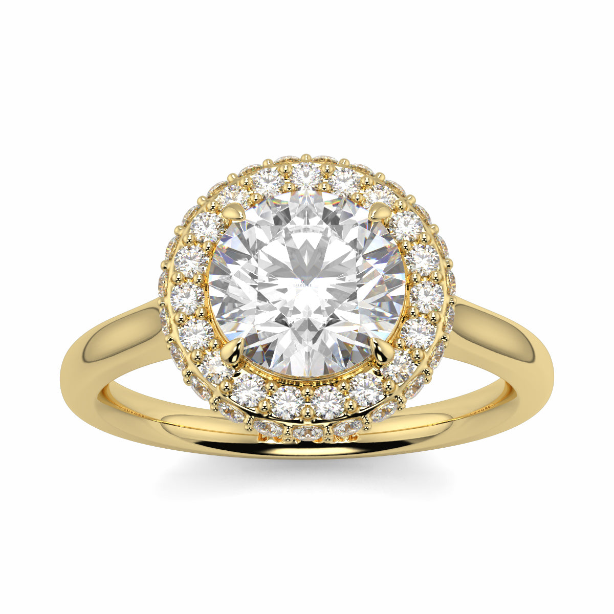 Gold ring with a large diamond and smaller diamonds around on a white background yb jewellers round diamond halo ring with plain shoulders trending bestseller design 