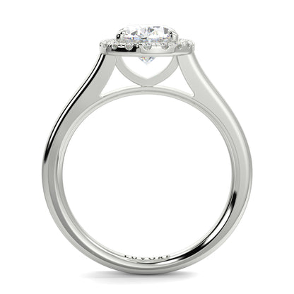 Silver ring with a diamond on a white background yb jewellers diamond halo with plain shoulder oval shape 