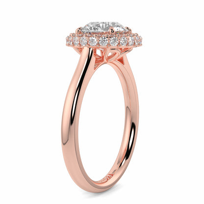 Rose gold ring with a diamond on a white background yb jewellers round diamond halo ring with plain shoulders trending bestseller design