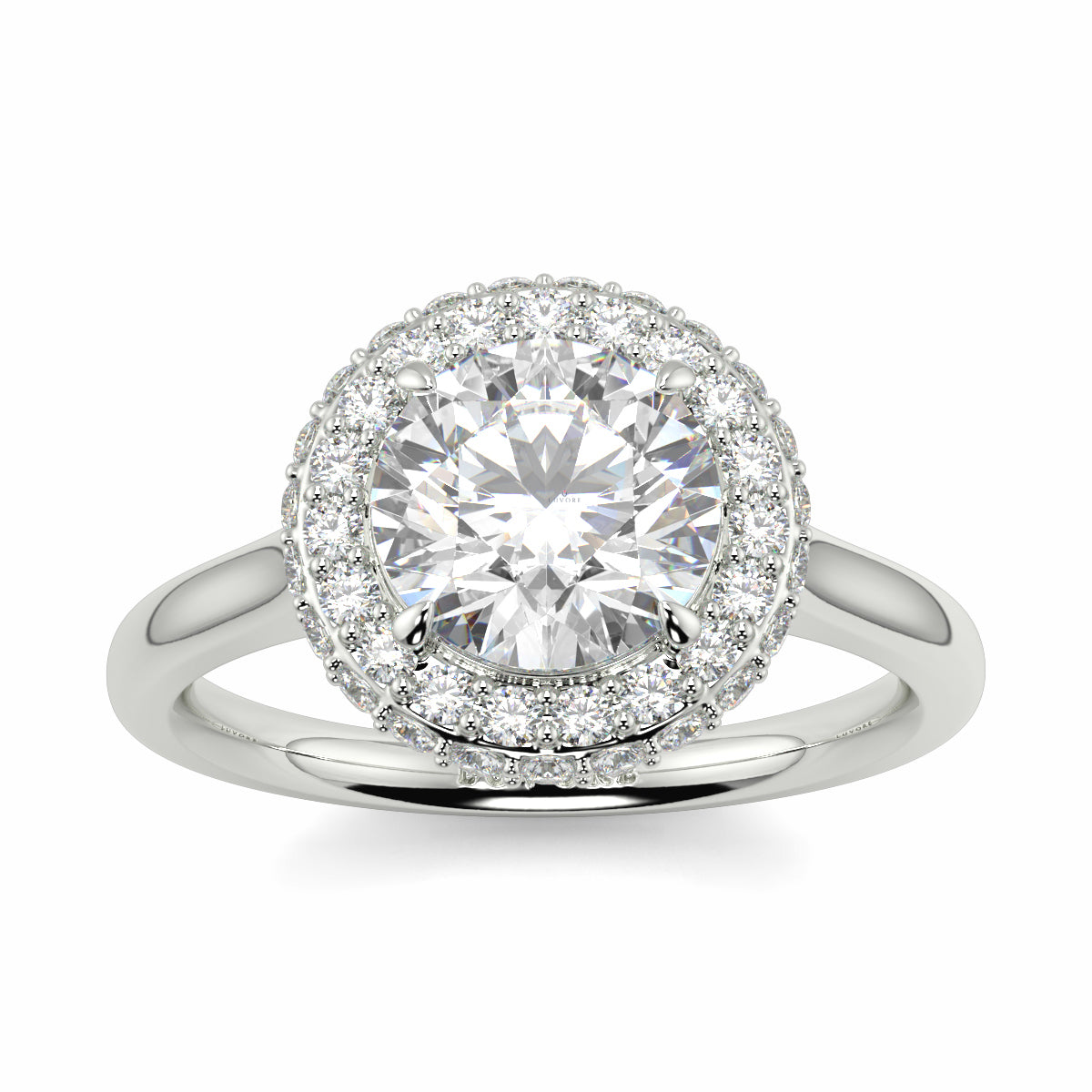 Diamond ring with a halo on a white background yb jewellers round diamond halo ring with plain shoulders trending bestseller design