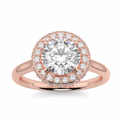 Rose gold ring with a large diamond and smaller diamonds around on a white background yb jewellers round diamond halo ring with plain shoulders trending bestseller design