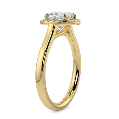 Gold ring with a diamond on a white background single halo with plain shoulder diamond engagement ring yb jewellers best seller trending ring 