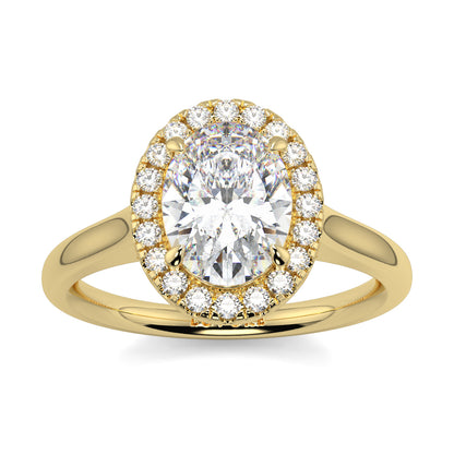Gold ring with a large central diamond and smaller diamonds around on a white background yb jewellers iamond halo with plain shoulder oval shape 