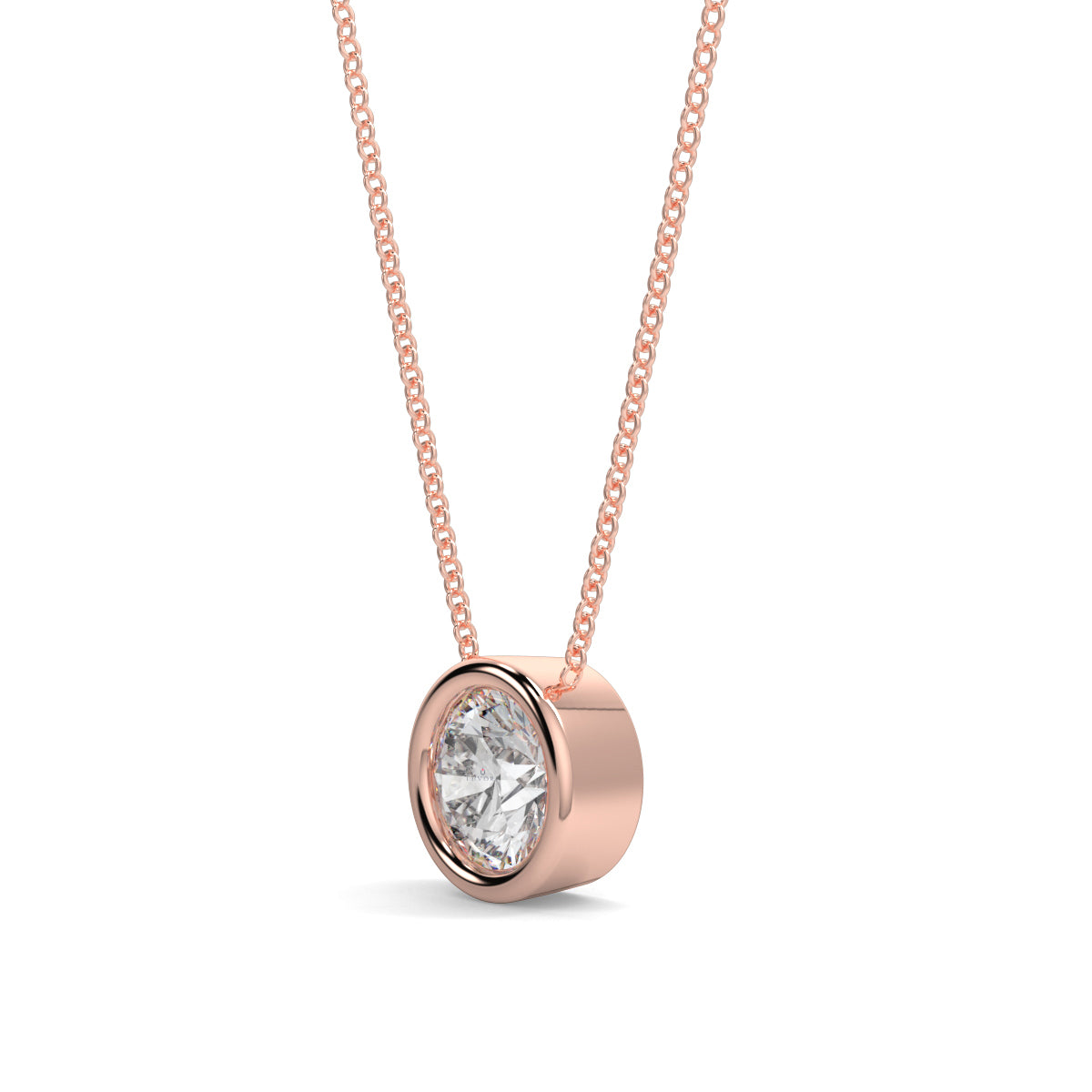 Rose gold necklace with a diamond pendant on a white background yb jewellers diamond rubover pendant bezel setting best selling design 2026