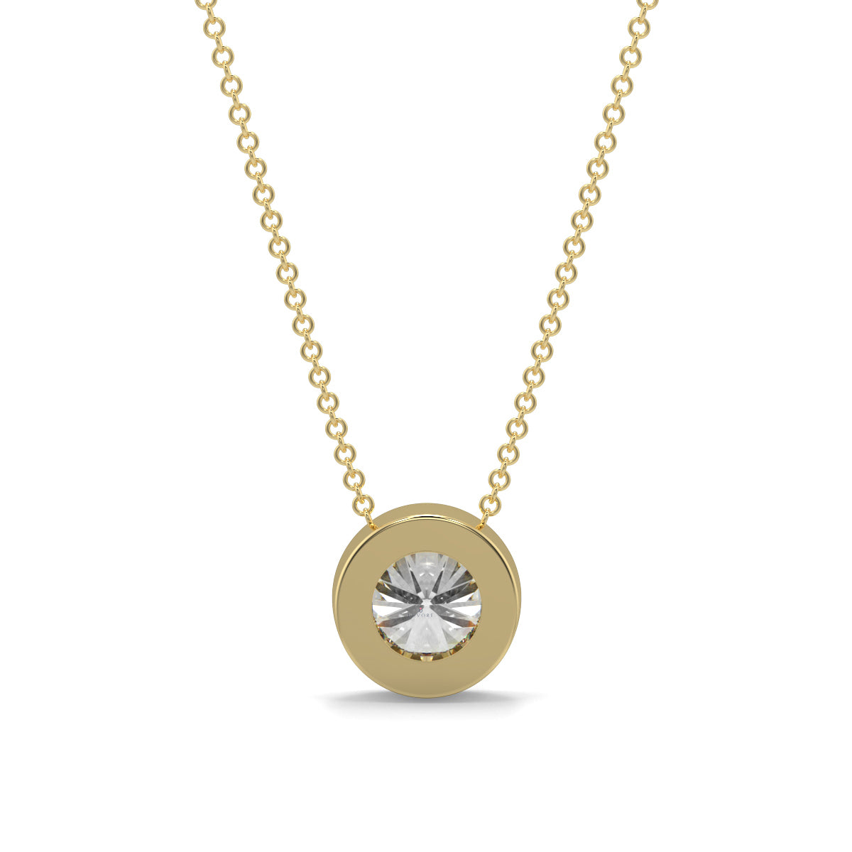 Gold necklace with a round diamond pendant on a white background yb jewellers diamond rubover pendant bezel setting best selling design 2026