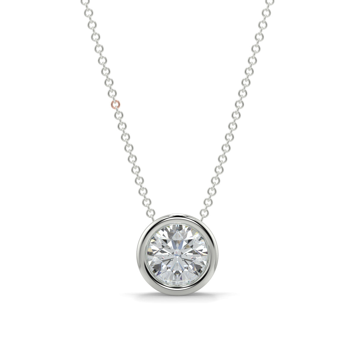 Diamond necklace on a white background yb jewellers diamond rubover pendant bezel setting best selling design 2026