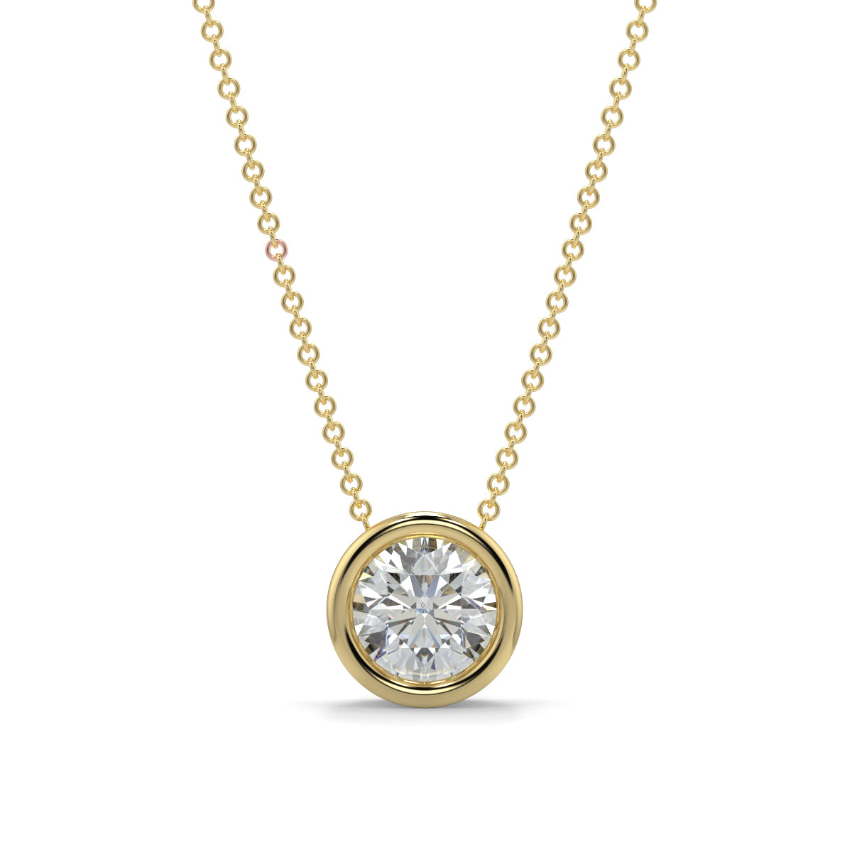 Gold necklace with a diamond pendant on a white background yb jewellers diamond rubover pendant bezel setting best selling design 2026