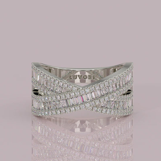 a sandwich diamond eternity crossover ring created to convey harmony, movement, and timeless allure