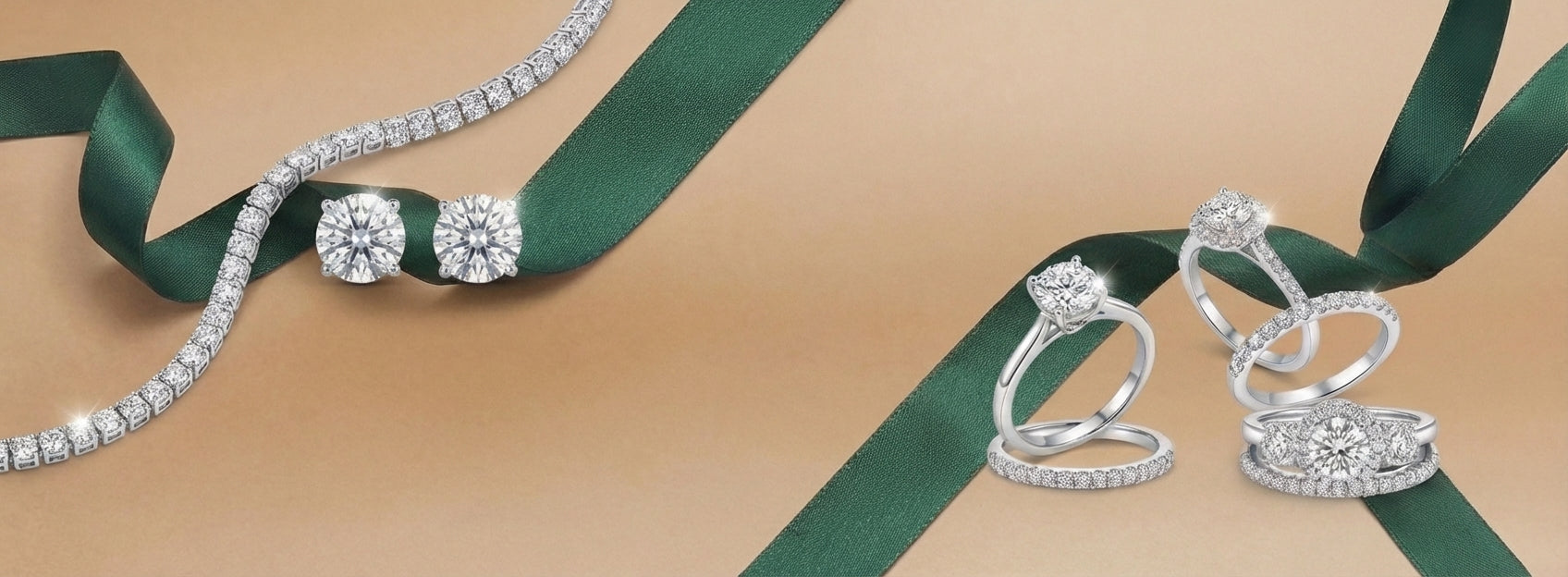 jewelry set with rings and earrings on a beige background with green ribbons.