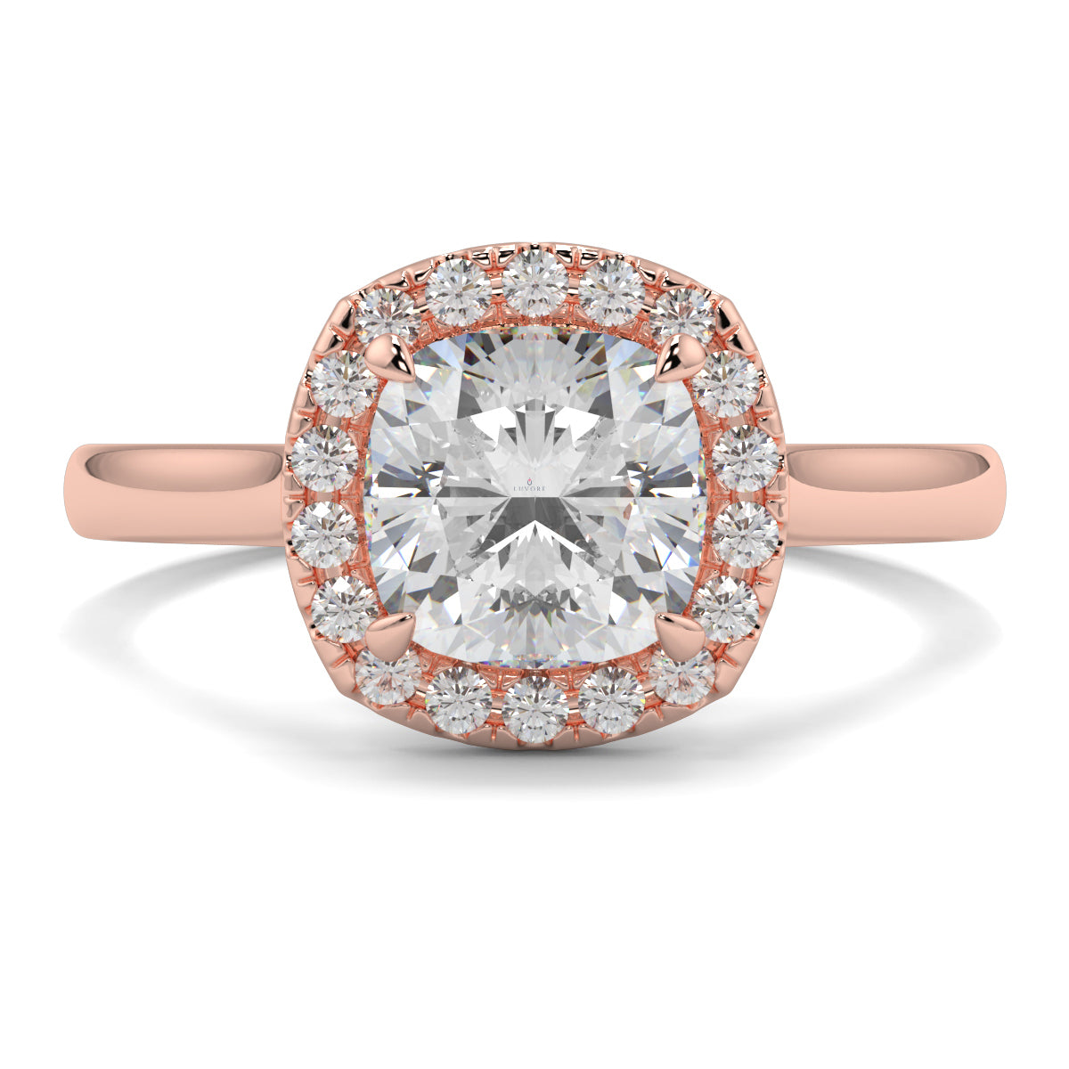 Rose gold ring with a large diamond and smaller diamonds around on a white background single halo with plain shoulder diamond engagement ring yb jewellers best seller trending ring 