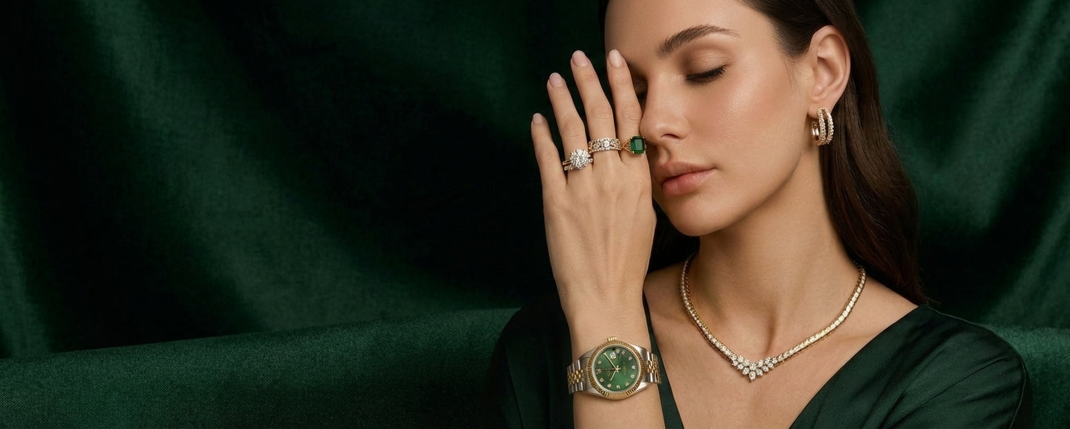 Woman wearing emerald jewelry against a green background