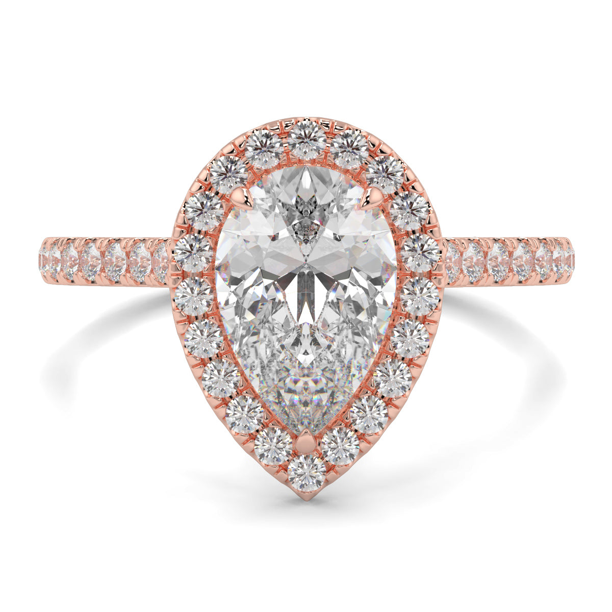 Rose gold ring with a pear-shaped diamond and smaller diamonds on a white background yb jewellers Pear engagement ring 